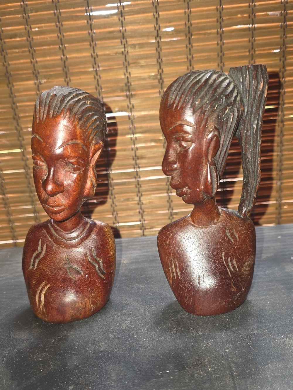 Hand-Carved Wooden Bust Pair - Brown Decorative Accents